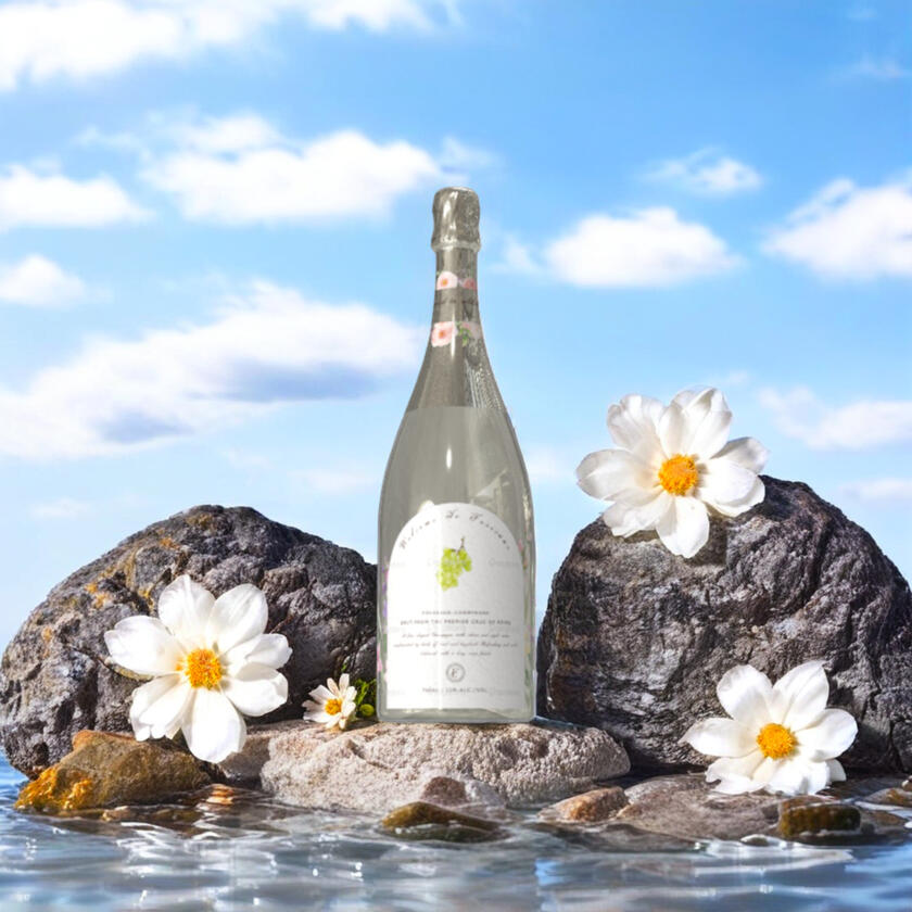 《Fosseaux》Bottle label Fosseaux is a fictional brand created for a label design practice, imagining a floral and light wine for everyday enjoyment. The design features soft, delicate lines and muted colors, paired with a decorative rounded typeface. The overall impression is poe